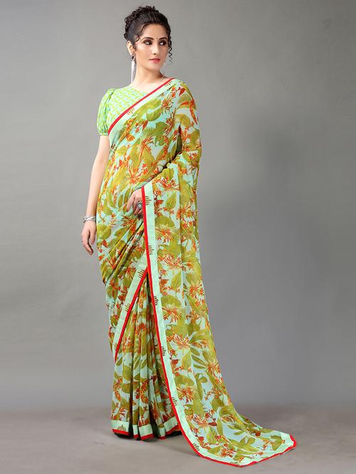 turquoise georgette printed saree with blouse - 18312627 - Very Small Image - 1