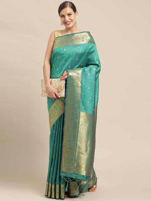 turquoise silk kanjivaram saree with blouse - 18312943 - Very Small Image - 1