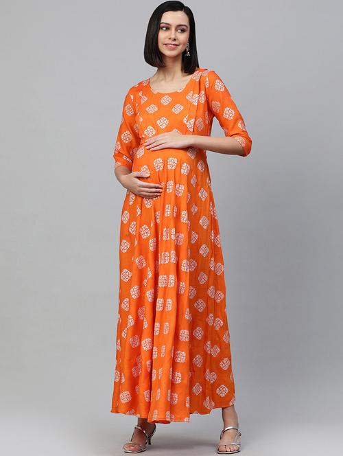 orange printed fit & flare maternity wear - 18313315 - Very Small Image - 1
