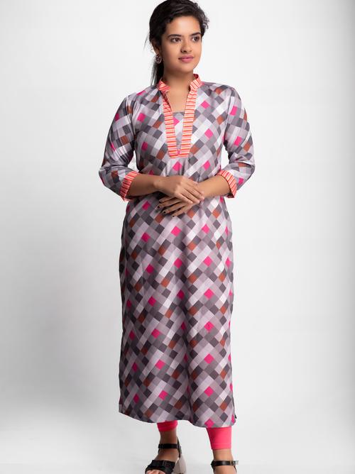elora multi color abstruct checked straight kurta - 18313477 - Very Small Image - 1