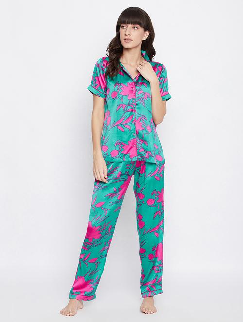 shirt collar printed nightwear pajama set - 18313600 - Very Small Image - 1