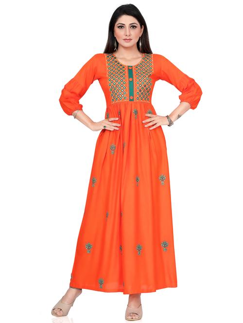 orange embroidered flared gown - 18313799 - Very Small Image - 1
