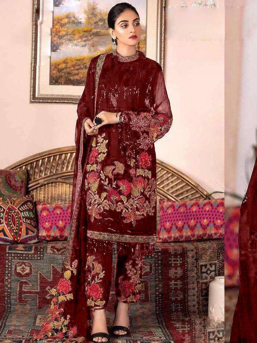 red color georgette fabric heavy work - 18313912 - Very Small Image - 1