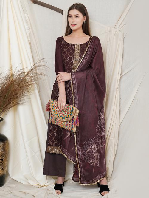maroon palazzo suits unstitched suit - 18314190 - Very Small Image - 1