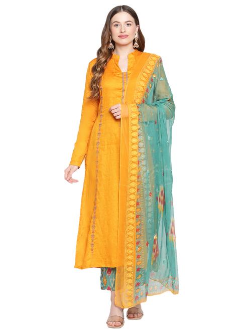yellow satin unstitched suit - 18314205 - Very Small Image - 1