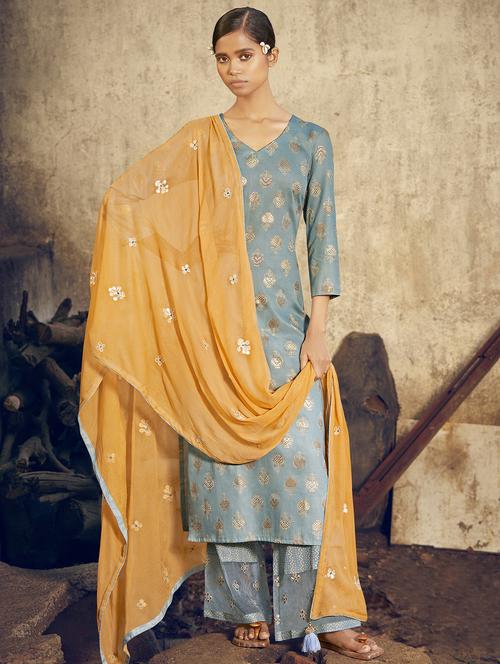 sky blue palazzo suits unstitched suit - 18314225 - Very Small Image - 1