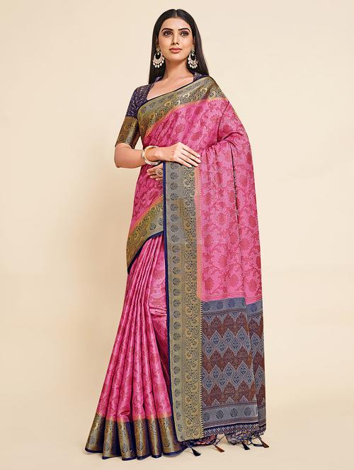 women's floral pink colored saree with blouse - 18314271 - Very Small Image - 1