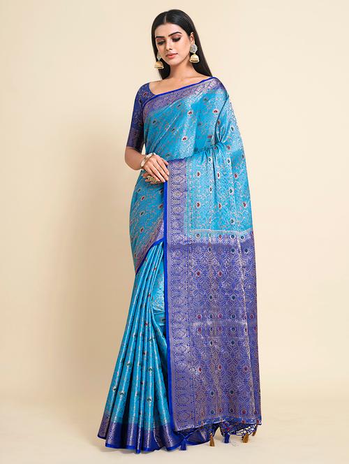 turquoise art silk kanjivaram saree with blouse - 18314285 - Very Small Image - 1