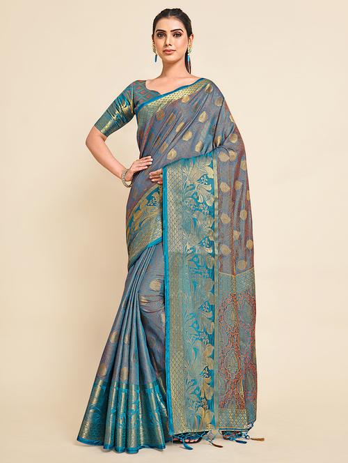 women's floral turquoise colored saree with blouse - 18314319 - Very Small Image - 1