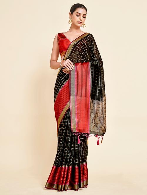 women's checks black colored saree - 18314398 - Very Small Image - 1