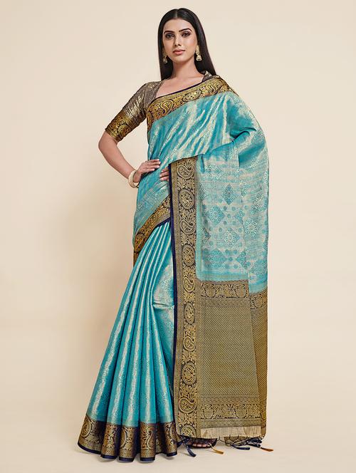 turquoise art silk kanjivaram saree with blouse - 18314402 - Very Small Image - 1