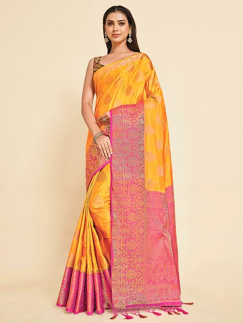 mustard art silk kanjivaram saree with blouse - 18314423 - Very Small Image - 1