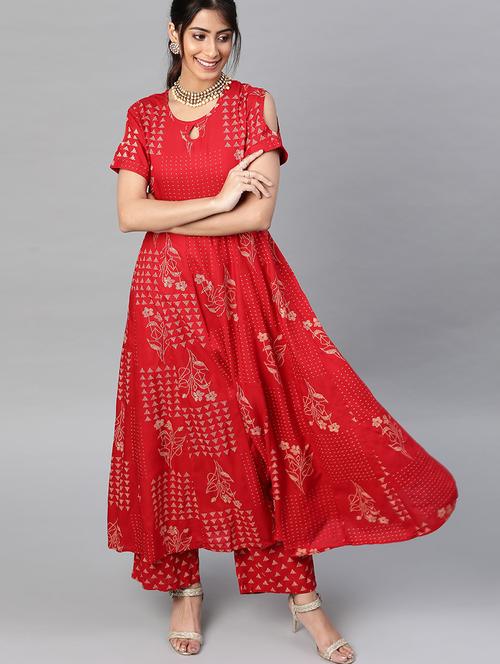 red rayon kurta palazzo set - 18314439 - Very Small Image - 1
