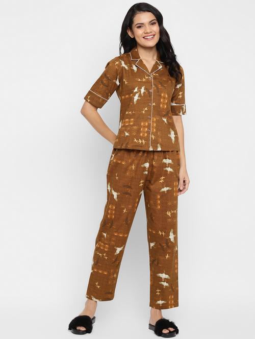 shirt collar printed nightwear pajama set - 18314763 - Very Small Image - 1