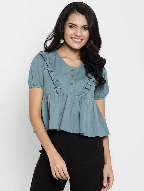 puff sleeve solid peplum top - 18314904 - Very Small Image - 1