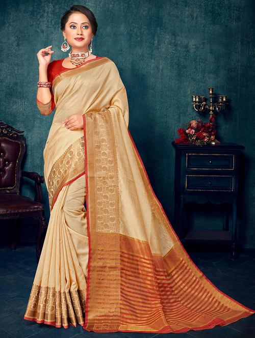 cream nylon saree with blouse - 18315169 - Very Small Image - 1