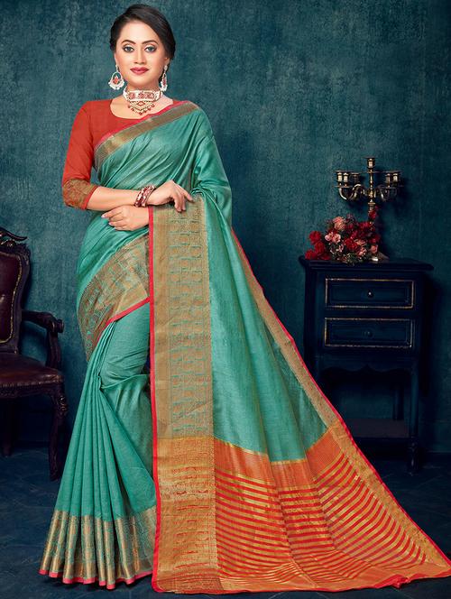 green nylon saree with blouse - 18315173 - Very Small Image - 1