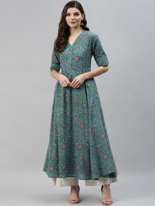 green printed flared kurta - 18315193 - Very Small Image - 1