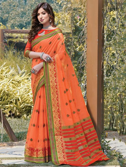orange cotton saree - 18315338 - Very Small Image - 1