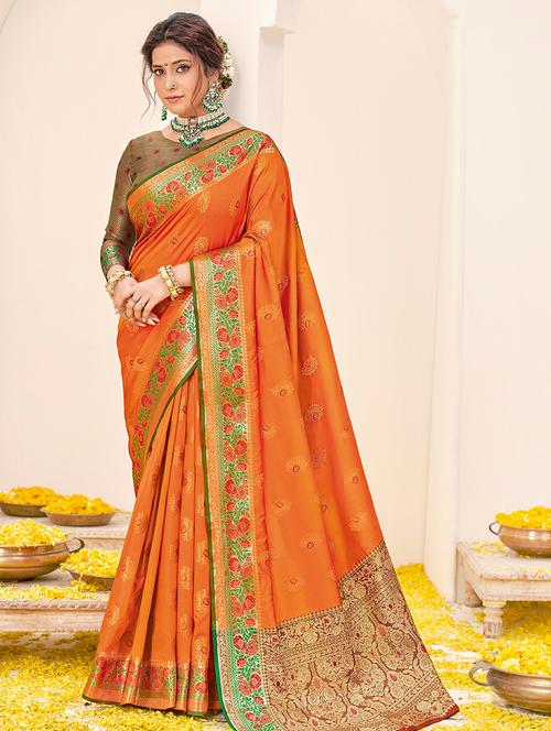 orange silk saree - 18315355 - Very Small Image - 1