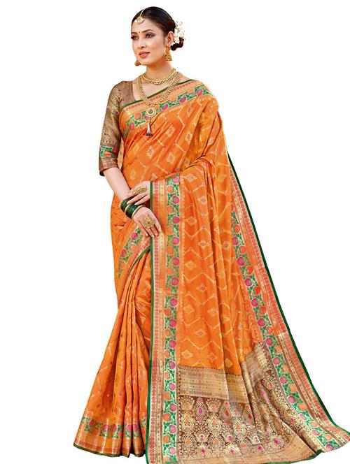 orange silk saree - 18315370 - Very Small Image - 1