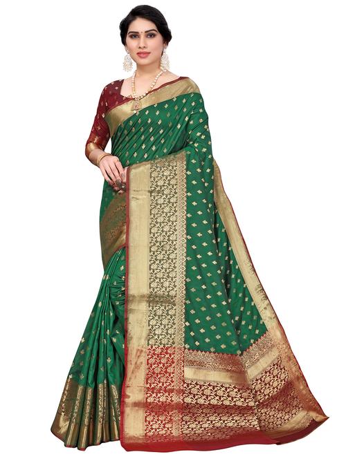 green cotton kanjivaram saree with blouse - 18315790 - Very Small Image - 1