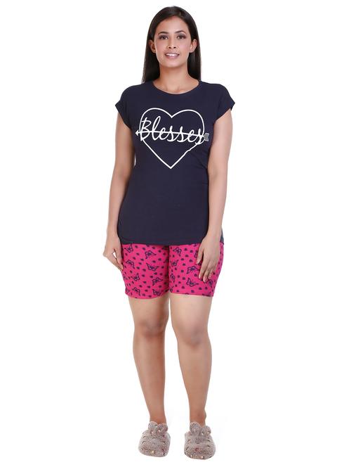 round neck printed nightwear shorts set - 18316313 - Very Small Image - 1