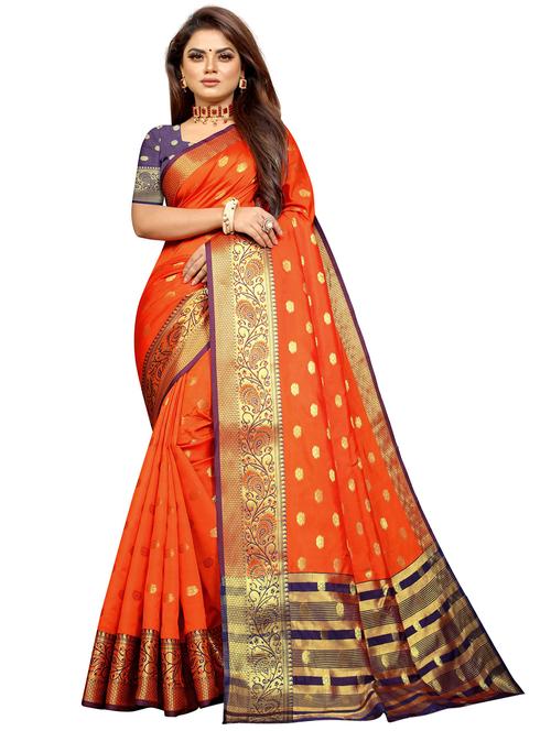 orange cotton blend saree with blouse - 18316363 - Very Small Image - 1