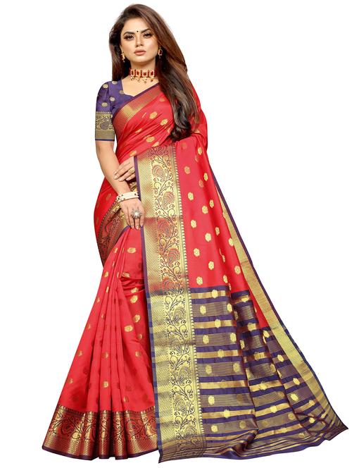 red cotton blend saree with blouse - 18316366 - Very Small Image - 1