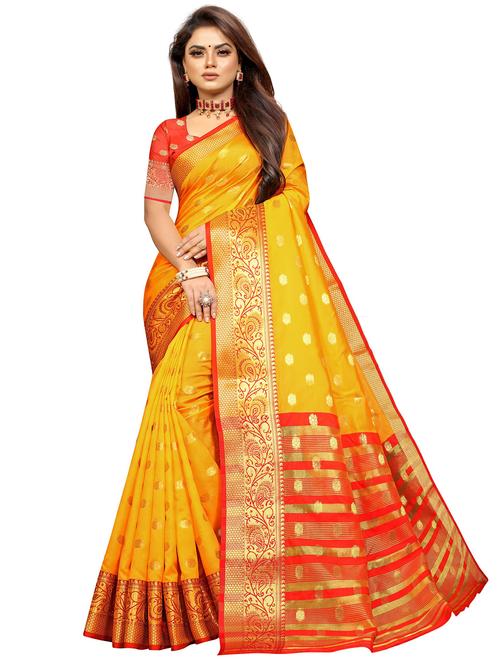 yellow cotton blend saree with blouse - 18316369 - Very Small Image - 1