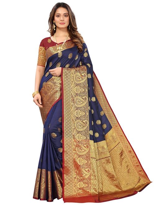 navy silk blend saree with blouse - 18316404 - Very Small Image - 1