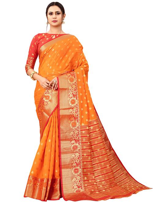 orange silk blend saree with blouse - 18316410 - Very Small Image - 1