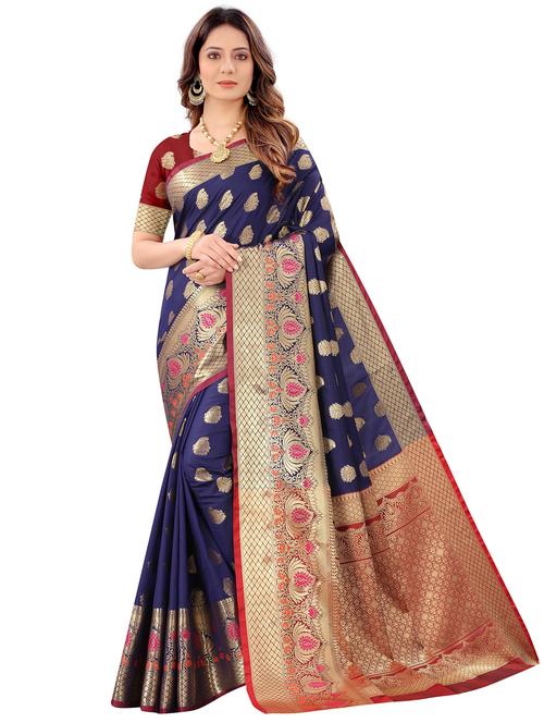 navy silk blend saree with blouse - 18316417 - Very Small Image - 1