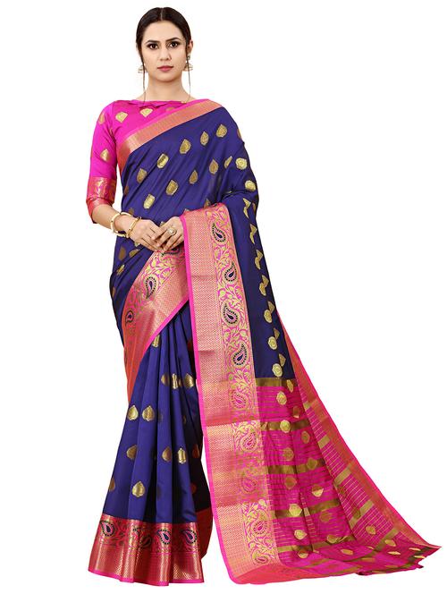 navy cotton blend saree with blouse - 18316429 - Very Small Image - 1