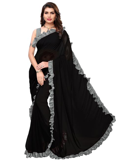 solid bordered ruffled saree with blouse - 18316504 - Very Small Image - 1