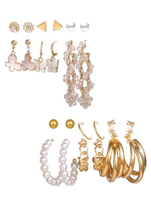 combo of 12 pair lanish gold-plated chain & pearl hoop, hoop and studs earrings - 18316817 - Very Small Image - 1