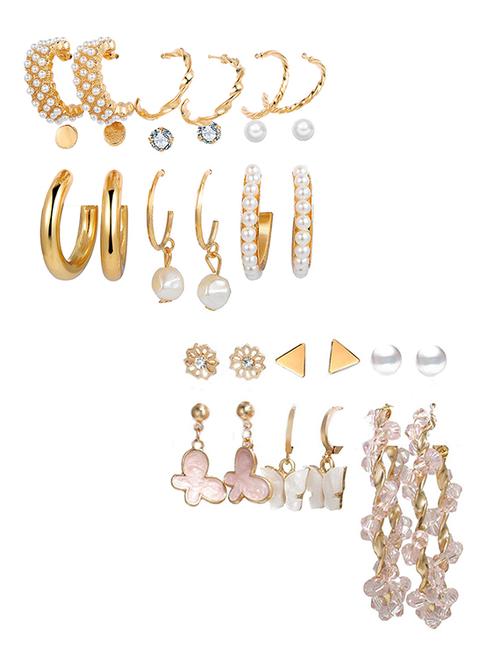 combo of 15 pair attractive gold plated pearl flower studs and hoop earrings - 18316825 - Very Small Image - 1