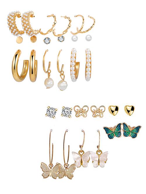 combo of 15 pair elegant gold plated butterfly crystal studs and hoop earrings - 18316826 - Very Small Image - 1