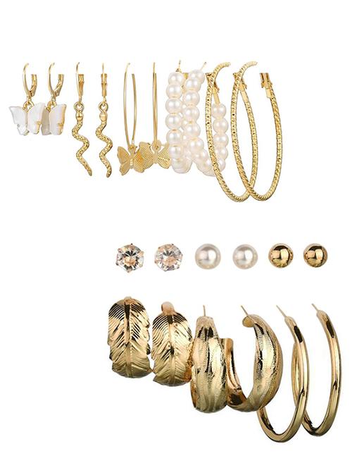 combo of 11 pair stylish gold plated pearl studs and leaf hoop earrings - 18316853 - Very Small Image - 1