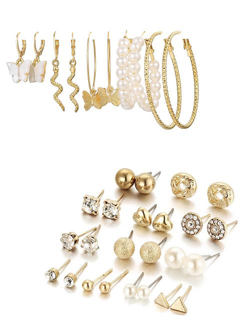combo of 17 pair stylish gold plated studded pearl studs and hoop earrings - 18316863 - Very Small Image - 1