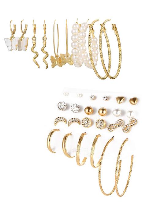 combo of 17 pair attractive gold plated pearl stone studs and hoop earrings - 18316865 - Very Small Image - 1