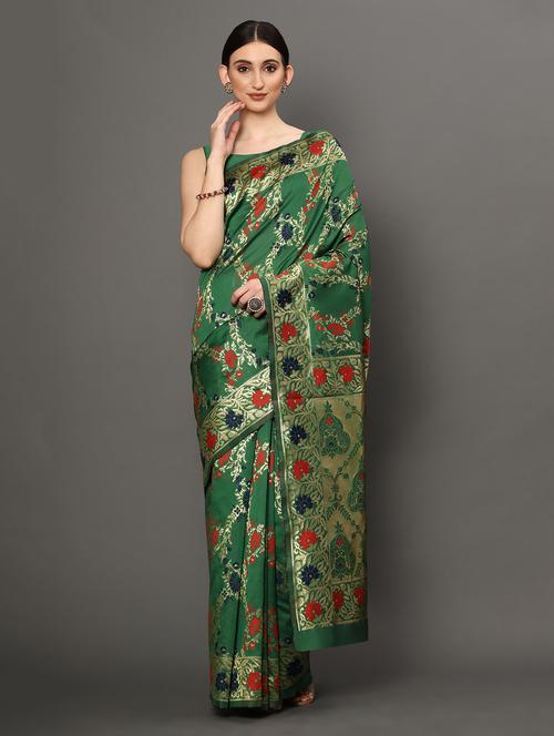 green art silk banarasi saree with blouse - 18317555 - Very Small Image - 1
