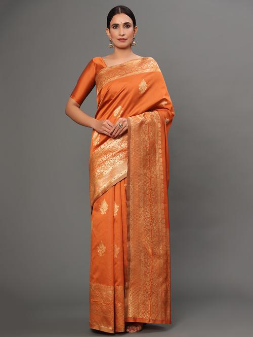 orange art silk banarasi saree with blouse - 18317589 - Very Small Image - 1