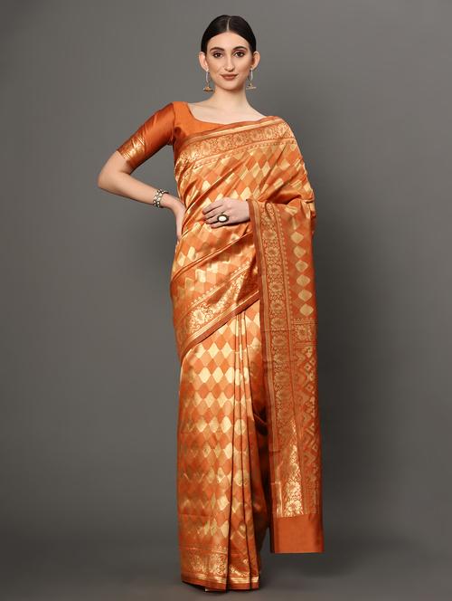 orange art silk banarasi saree with blouse - 18317606 - Very Small Image - 1