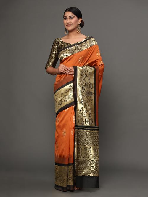 orange art silk banarasi saree with blouse - 18317611 - Very Small Image - 1