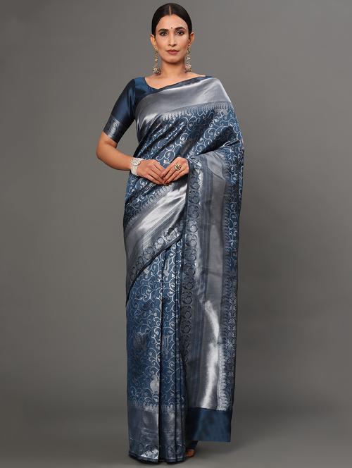 grey art silk banarasi saree with blouse - 18317616 - Very Small Image - 1