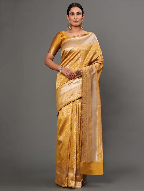 yellow art silk banarasi saree with blouse - 18317619 - Very Small Image - 1