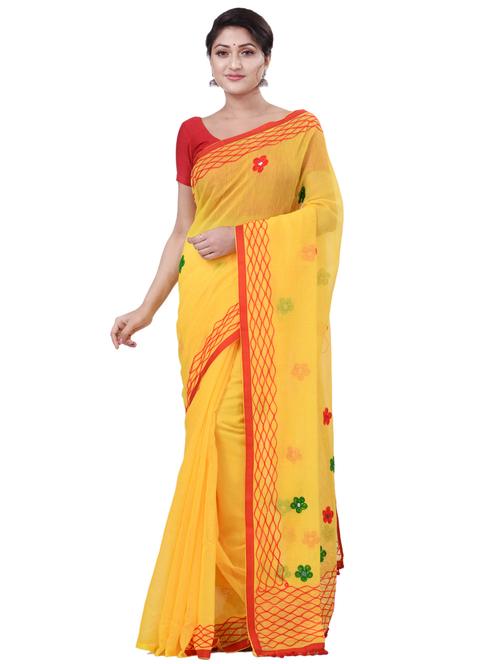 yellow cotton embroidered saree with blouse - 18318796 - Very Small Image - 1