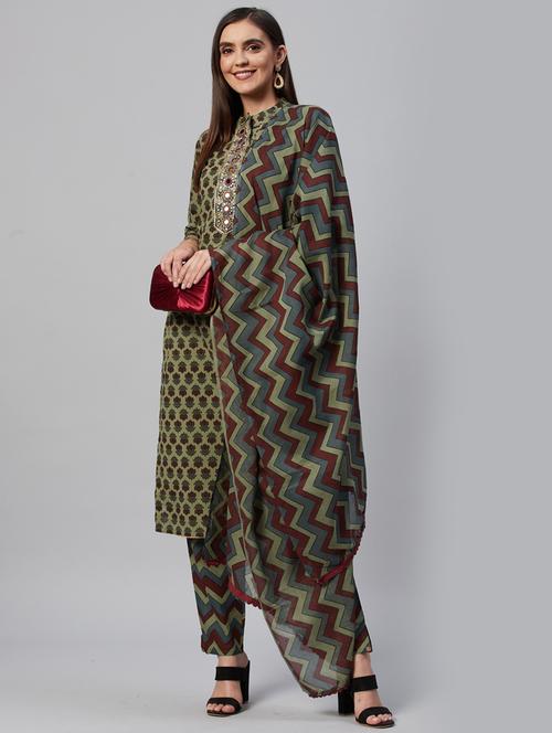 olive cotton blend kurta pant set - 18319898 - Very Small Image - 1