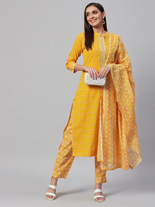 yellow cotton blend kurta pant set - 18319899 - Very Small Image - 1